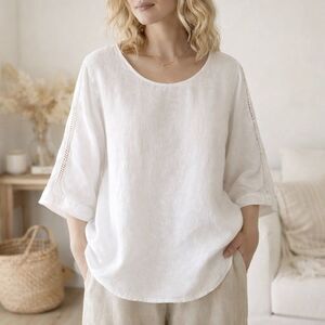 Terzo Millennio White Linen Top Crochet Trim Sleeve Sz 3X Made In Italy Neutral